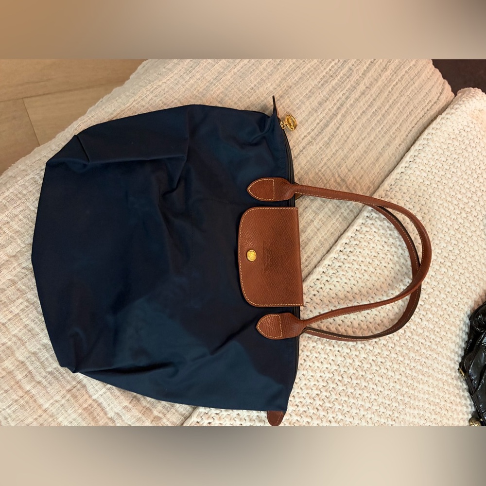 Longchamp Navy Le Pliage Tote with Brown Leather Trim